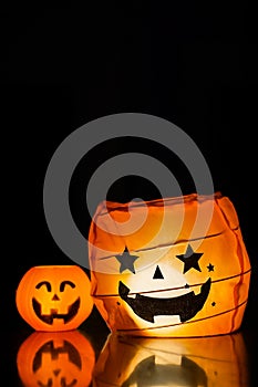 Halloween Pumpkin Lamp, Jack O Lantern On Dark Background.