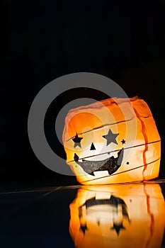 Halloween Pumpkin Lamp, Jack O Lantern On Dark Background.