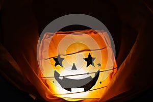 Halloween Pumpkin Lamp, Jack O Lantern On Dark Background.