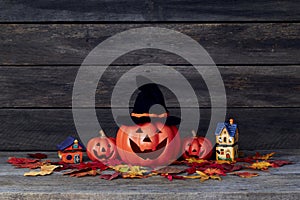 Halloween pumpkin lantern. Trick or treat on a wooden table