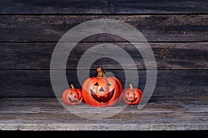 Halloween pumpkin lantern. Trick or treat on a wooden table