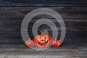 Halloween pumpkin lantern. Trick or treat on a wooden table