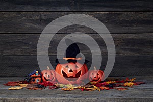 Halloween pumpkin lantern. Trick or treat on a wooden table