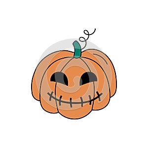 Halloween pumpkin lantern vector doodle. Isolated carved jack-o-lantern smiling. Halloween scary symbol. Colored hand drawn vector