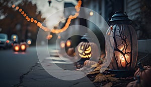 Halloween pumpkin lanterns with burning candles on the street at night