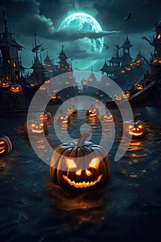 halloween pumpkin lanterns in a moonlit night