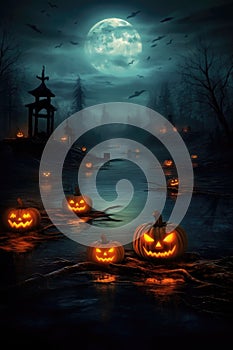 halloween pumpkin lanterns in a moonlit night