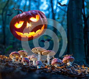 Halloween pumpkin levitates over a dark forest with fly agaric and bats