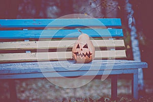 Halloween. pumpkin lies on a bench