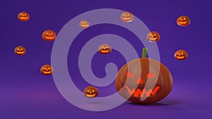 Halloween pumpkin with light illuminated or jack o lantern on purple background with floating cute pumpkins