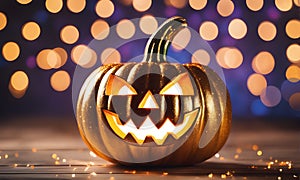 Halloween pumpkin with light and sparkle. Bokeh Background, Glitter defocused abstract Twinkly Lights with golden dust and shine.