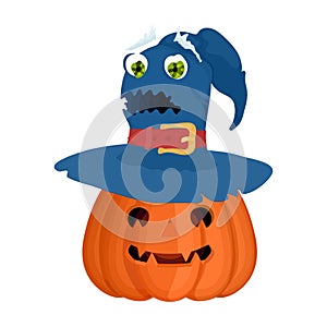 Halloween pumpkin in a magic hat illustration flat