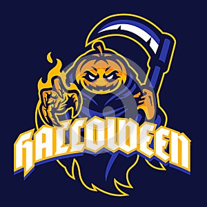 Halloween pumpkin mascot in sport logo style