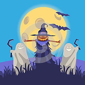 Halloween pumpkin monsters illustration concept, Scary house Halloween concept illustration, haunted house Halloween, Scary cartoo