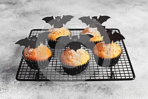 Halloween pumpkin muffins in black capsules decorated with cardboard bats. Festive Halloween cupcakes. Close-up view of delicious
