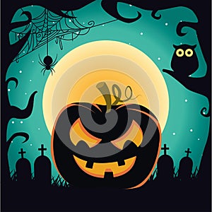 Halloween pumpkin with owl in the dark forest scene