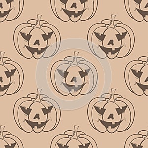 Halloween pumpkin pattern. Brown beige seamless background