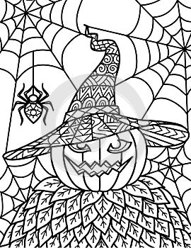 Halloween pumpkin scarecrow with mandala hat and spider web for printing, engraving or  coloring book