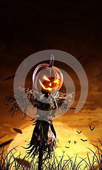 Halloween pumpkin scarecrow on a wide field with the moon on a scary night