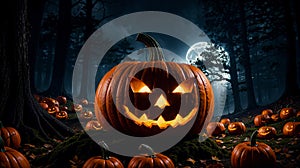 Halloween pumpkin with scary face in eerie, moonlit woods
