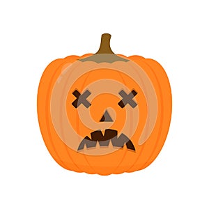 Halloween Pumpkin with scary face icon isolated on white. Cute cartoon Jack-o`-Lantern. Halloween party decorations. Easy to edit