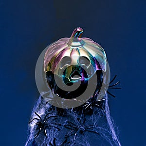 Halloween pumpkin scary minimal cyberpunk arrangement. Spiders crawling on terrifying web. Creepy dark background