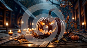 Halloween Pumpkin scary postcard with dim light, full moon night. Generative AI