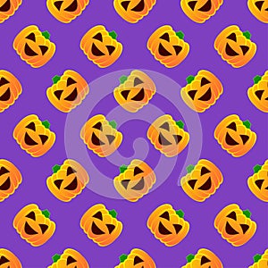 Halloween pumpkin seamless pattern. Colorful halloween pumpkin lanterns on purple background. Halloween background