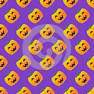 Halloween pumpkin seamless pattern. Colorful halloween pumpkin lanterns on purple background. Halloween background