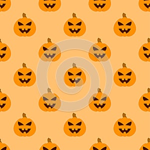 Halloween pumpkin seamless pattern. Halloween pumpkin lanterns on yellow background. Halloween background with orange pumpkin