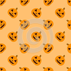 Halloween pumpkin seamless pattern. Halloween pumpkin lanterns on yellow background. Halloween background with orange pumpkin