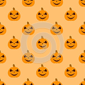 Halloween pumpkin seamless pattern. Halloween pumpkin lanterns on yellow background. Halloween background with orange pumpkin