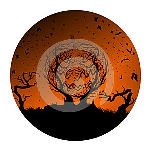 Halloween Pumpkin Shaped Tree Silhouette. Bats flying against the background of the orange sky.