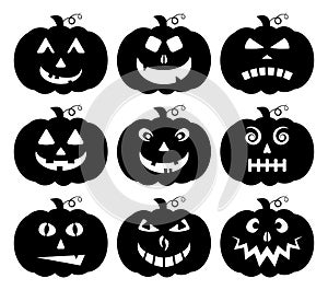 Halloween pumpkin silhouette collection isolated on white. Scary face expression vector set. Funny jack o lantern smile. Cartoon