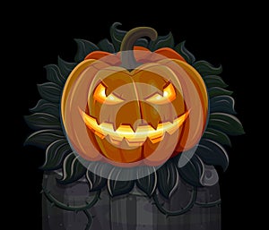 Halloween pumpkin is smiling. Isolated on black background