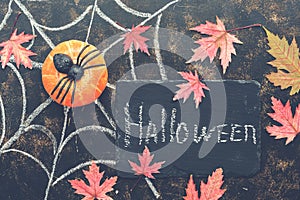 Halloween, pumpkin, spider, red maple leaves, spider web drawn in chalk on a dark rustic background. Signboard with with text-Hall