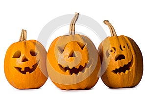 Halloween pumpkin, three funny face isolated on white background