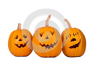 Halloween pumpkin, three funny face isolated on white background