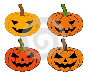 Halloween pumpkin vector illustration set, Jack O Lantern isolated on white background. Scary orange picture with eyes.