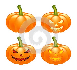 Halloween pumpkin vector set illustration, Jack O Lantern isolated on white background. Scary orange picture with eyes and candle