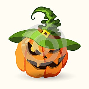 Halloween pumpkin wearing green witch hat