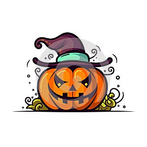 Halloween pumpkin wearing witch hat isolated on white background.