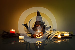 Halloween pumpkin, witch hat, broom and skeleton arm