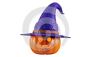 Halloween pumpkin in a witch hat, isolated on a white background. Jack O Lantern Pumpkin with witch hat, 3d illustration.