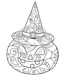 Halloween pumpkin in a witch`s hat - coloring antistress - vector linear picture for coloring. Pumpkin in a magic hat - with anti-