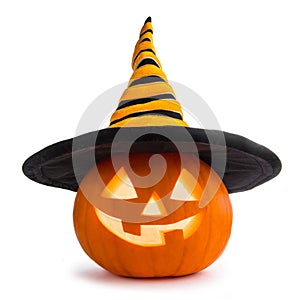 Halloween pumpkin with witches hat