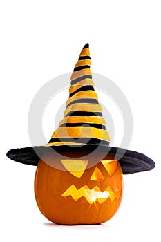 Halloween pumpkin with witches hat