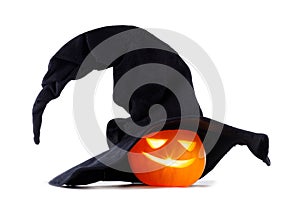 Halloween pumpkin with witches hat