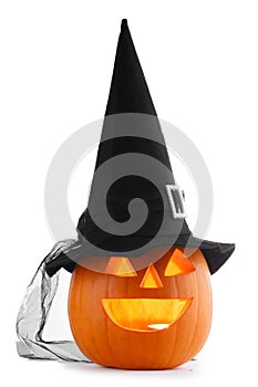 Halloween pumpkin with witches hat