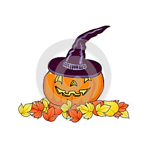Halloween pumpkin in a witches hat on autumn leaves. Happy Halloween background. Fall background. Hand drawing. Illustration